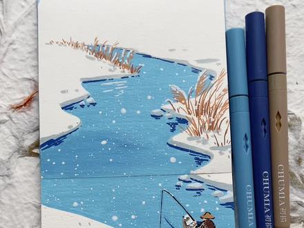 孤舟蓑笠翁,独钓寒江雪 #艺术在抖音 #丙烯马克笔 #马克笔手绘 #画画教程 #一看就会