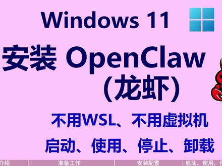 Windows 11 安装 OpenClaw(龙虾) 《Windows 11 安装 OpenClaw(龙虾):不用WSL、不用虚拟机、启动、使用、停止、卸载》
简介:本视频演示如何在 Windows 11 上零门槛部署 OpenClaw AI 助手。展示 AI 自动创建文件夹等实操案例,讲解启动、使用及卸载步骤。包含关键安全提示与故障排查,带你轻松拥有能听懂指令、自动执行任务的“数字员工”,开启智能办公新体验。
#OpenClaw #Windows 11 #安装教程 #不用WSL #不用虚拟机 #启动OpenClaw #关闭OpenClaw #卸载OpenClaw #使用OpenClaw #龙虾