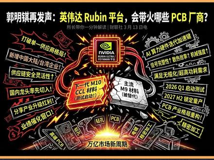 郭明錤再发声:英伟达 Rubin 平台,会带火哪些 PCB 分析师郭明錤最新供应链调查显示,英伟达已联合 PCB 厂商启动下一代覆铜板(CCL)材料 M10 的测试工作,目标应用覆盖 Rubin Ultra 及 Feynman 平台的正交背板与交换刀片主板,为 AI 算力硬件迭代按下加速键。
#英伟达 #PCB #RUBIN #NVDA #nvdia