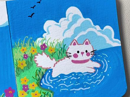 丙烯马克笔画下河玩水的小猫咪#艺术在抖音 #治愈系 #画画使我快乐 #慕多星丙烯马克笔 #画画