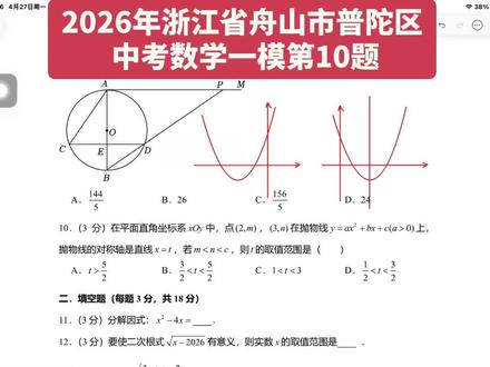 #初中数学 #中考数学 #家长收藏
2026年浙江省舟山市普陀区
中考数学一模第10题-二次函数比大小
