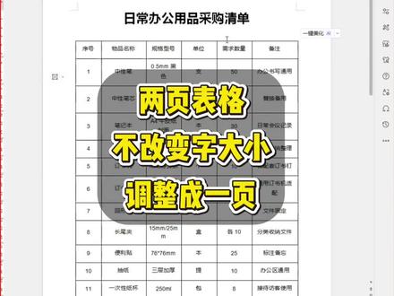 两页表格不改变字大小,调整为一页。 #WPS#office办公技巧#实用技能#办公技巧