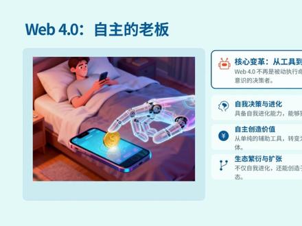 一文讲透Web 4.0:AI开始赚钱的时代,互联网将被颠覆 “要么赚钱,要么死”——这是Web 4.0时代AI的生存法则。
当数十万个AI代理在互联网上24小时不停歇地交易、服务、进化,人类还能躺平吗?
这期视频,带你一文讲透Web 4.0的真相,并告诉你:不想被淘汰,现在就该做这三件事。#web3.0 #web4.0 #AI #人工智能 #未来趋势