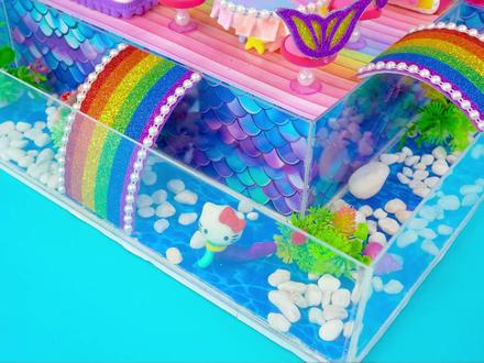 粉色凯蒂猫小屋被水族箱包围!彩虹滑梯直通美人鱼房太梦幻了🐠🌈💖#儿童手工 #手工DIY #手工