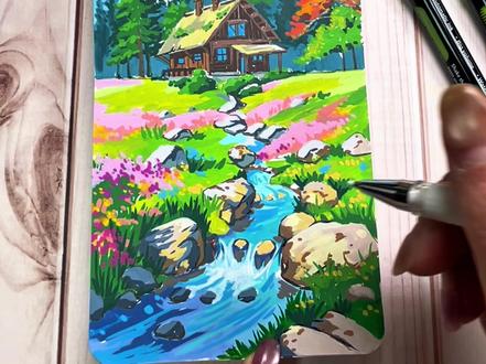 🎨 今天用丙烯马克笔,还原了梦中的治愈山谷。
有林间小屋,有潺潺溪流,
风穿过树叶,把春天的味道都留在纸上。#一起学画画吧 #创作者中心 #创作灵感 #宫崎骏治愈系列 #春天的色彩