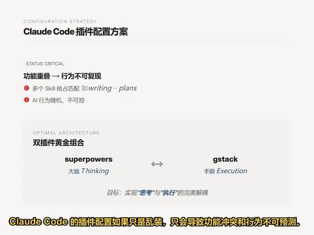 Claude Code插件:superpowers + gs 本视频深度解析Claude Code的高阶配置方案。通过superpowers与gstack的职责解耦,解决插件功能冲突与AI行为不可预测的问题,构建“大脑+手脚”的专业AI工程师工作流。#ClaudeCode #AIAgent #软件工程 #插件配置 #开发工作流