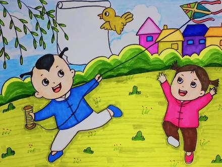 古诗配画《村居》手抄报,春天主题儿童画,小学幼儿园背古诗