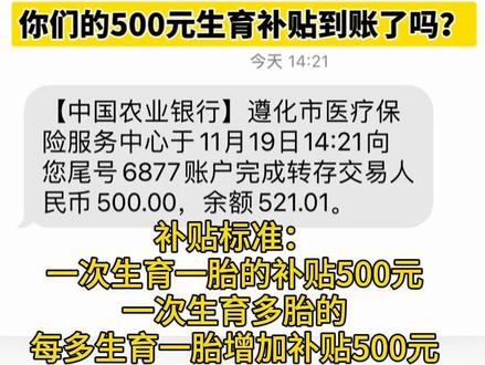 500的生育补贴已到账,你们的到了吗?#生育补贴