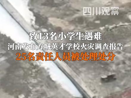 12月17日,河南省发布方城县英才学校重大火灾事故调查报告。经调查认定,该起事故系起火宿舍内一名小学生使用打火机时,引燃宿舍衣服、床铺等物品并迅速蔓延造成的重大火灾。河南省纪检监察机关对履行职责不力、监督管理不到位的25名责任人员作出严肃处理处分。