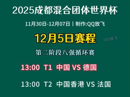 2025成都混合团体世界杯12月5日赛程一览!