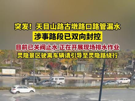 突发!12月4日,杭州天目山路古墩路口路管漏水,部分路段受到影响。10时43分,市水务集团已完成关阀止水,目前正在开展现场排水作业,抢修力量已至现场。