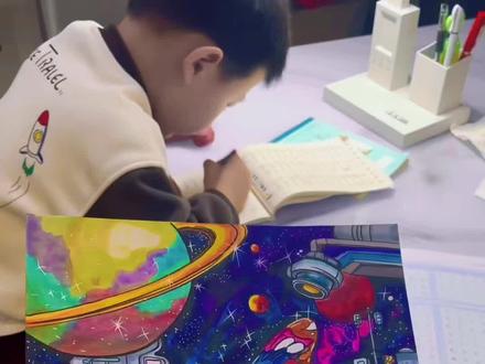 儿子写作业妈妈画国风主题科幻画宇宙空间站#儿童绘画 #绘画教程 #马克笔手绘 #儿童画教程 #手抄报