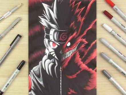 火影忍者 鸣人九尾 尾兽化 马克笔 手绘图