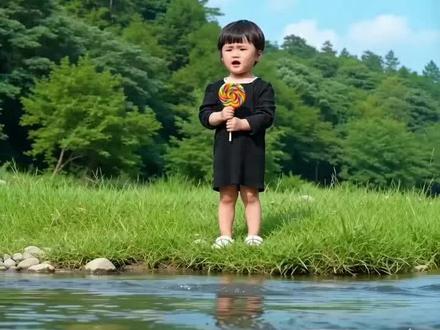 河水太宽过不去,小妹妹舔一口七彩棒棒糖,让它变成一座小桥。#萌娃 #萌娃搞笑日常 #亲子 #亲子互动 #儿童玩具