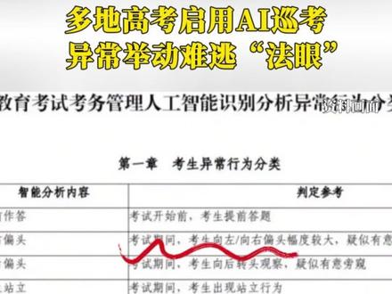 多地高考启用AI巡考 异常举动难逃“法眼”