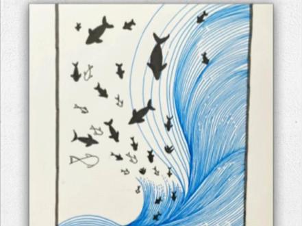 第193幅,今天也是一张线条练习,在网上刷到这张超美的鱼群和海浪的图,用蓝色的笔画出来也是超美啊#绘画过程分享 #解压禅绕画 #手绘教程
