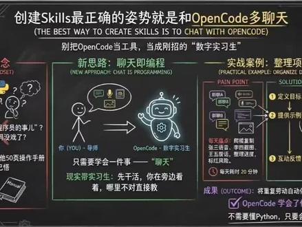 创建Skills最正确的姿势就是和OpenCode多聊天,我还创建了20个练习创建Skills各种场景的例子,有研发的、产品的、财务的、人事和行政的。获取方法我放评论区了 #skills #opencode #轻松学Skills