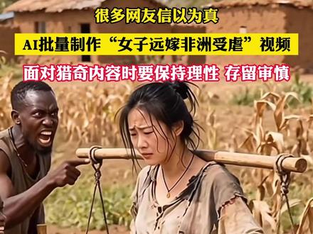 11月23日(报道),近期,网络上流传大量AI生成的“女子远嫁非洲受虐”的视频,很多网友信以为真。面对猎奇内容时,要保持理性、存留审慎。#小强热线主播说