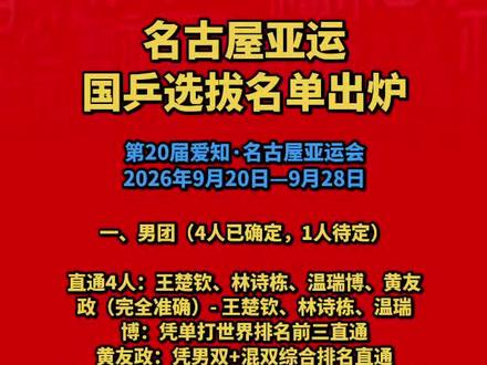 第20届爱知·名古屋亚运会 名古屋亚运会直通名单出炉