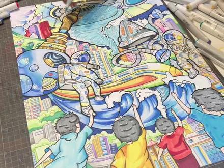 科幻画,台风转换电能#科幻画 #马克笔手绘 #一起学画画 #少儿美术 #主题画