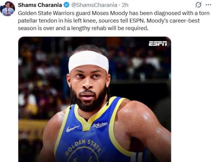 穆迪康复周期9-12个月;库里继续缺席比赛! #金州勇士 #穆迪 #库里 #巴特勒 #穆迪赛季报销
