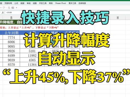 表格技巧:计算升降幅度自动显示“上升45%,下降37%” #excel函数 #excel教学 #excel技巧