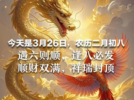 恭喜你!撞上“龙凤双吉”旺运日 今天是3月26日,农历二月初八 遇六则顺,逢八必发 顺财双满,祥瑞封顶