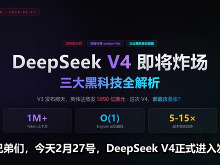 1M 上下文 + 成本碾压 GPT,DeepSeek V4 DeepSeek V4 真的要来了!2月27日正式进入发布倒计时,三大黑科技 Engram、mHC、1M 上下文全部提前曝光。
性能碾压 GPT-5.3,成本却只有十五分之一?这次 DeepSeek 不仅要卷性能,更要彻底打穿全球 AI 的价格体系。10 万行代码直接喂,200 页报告一次读完,国产模型 + 国产芯片的闭环真的成了!
#Deepseek #AI #人工智能