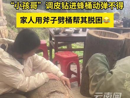 “小孩哥”调皮钻进蜂桶动弹不得,家人用斧子劈桶帮其脱困。 #小孩哥 #调皮 #钻进蜂桶动弹不得 #搞笑