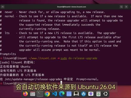 升级 Ubuntu 24.04 到 Ubuntu 26.04 Ubuntu 26.04 LTS(Resolute Raccoon)已经正式发布,对于正在使用 Ubuntu 24.04 LTS(Noble Numbat)的用户来说,这意味着可以升级到最新的长期支持版本,享受更稳定、更安全的系统体验。升级主要是通过命令行工具来完成的,步骤虽然简单明了,但对于不熟悉命令行的新手来说,也最好提前了解操作流程。
#Ubuntu #Ubuntu升级 #Ubuntu教程 #Linux #Linux教程