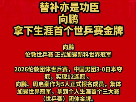 替补亦是功臣,向鹏拿下生涯首个世乒赛金牌