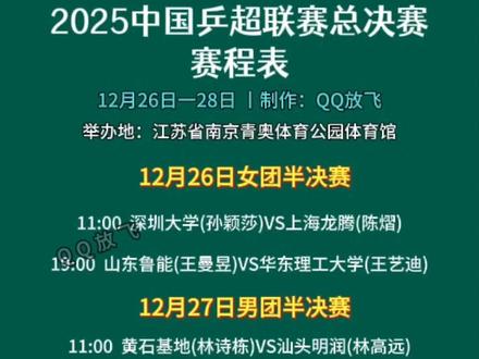 2025中国乒超联赛总决赛赛程揭晓!