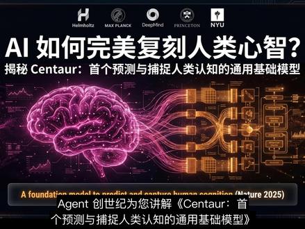 百万级数据训练的人类行为预测模型 DeepMind、普林斯顿大学、纽约大学等机构联合发布了Centaur,这是首个旨在统一人类认知理论的基础模型。传统认知模型往往局限于特定任务,而人类心智却能在购物、太空探索等广泛场景中灵活适应。Centaur通过在包含超过1000万次人类选择的大型数据集Psych-101上微调Llama 3.1构建,将各类心理学实验统一转化为自然语言格式。在预测人类选择方面,Centaur大幅超越传统领域特定模型,在赌博任务、多臂老虎机、N-back等经典实验中均取得更高准确率。模型内部表示与人类大脑神经活动高度一致,还能准确模拟反应时间。研究者进一步利用Centaur结合大语言模型推理能力,优化并推导出更具解释力的决策理论。这项工作证明了构建捕捉通用认知特征的计算模型可行,为心理学研究自动化开辟新路径。但需注意,模型仍存在对极端个体行为预测偏差等边界。#认知科学 #人工智能 #大模型 #脑科学 #科学研究