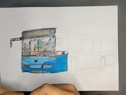 我驾驶的我们单位的通勤班车,花了7天时间完成的作品#手绘公交车 #怎样画公交车 #绘画过程分享 #手绘汽车 #公交迷