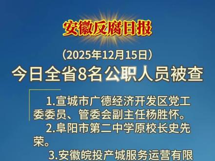 安徽反腐日报:2025年12月15日,杨胜怀、史先荣、金莉、叶露中、吴方林、郑培、李曹友、周剑飞等8名干部涉嫌严重违纪违法接受审查调查 #违纪违法 #违纪违法绝不姑息 #审查调查 #安徽dou知道