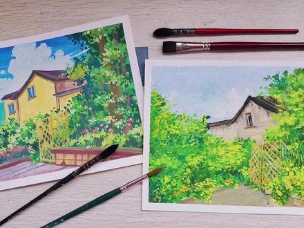 自学党VS美术生!一起用国考颜料画画!#风景画 #手绘 #绘画过程 #创意美术 #水彩风景 #一起学画画 #水粉画 #美术生