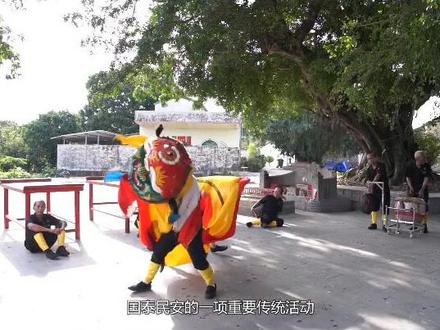 #粤港澳非遗墟市 “盖子狮”历史最长,被尊为老大,享有特殊的地位。据考,“盖子狮”即源于明代军狮,因头部状似锅盖而名。具有目大口阔鼻子短等面部特征。眉宇间写有“王”字,额头中间饰有八卦。