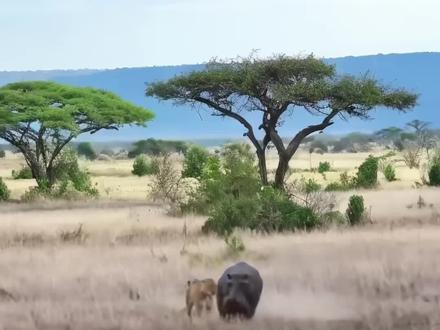 狮子偷袭河马,没想到被强烈反击咬住脑袋#动物世界