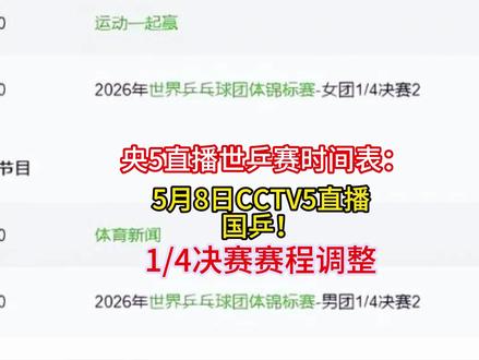 央5直播世乒赛时间表: 5月8日CCTV5直播国乒!14决赛赛程调整!#乒乓球 #赛程表 ##世乒赛 #记录每一帧的热爱