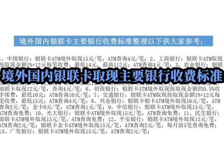 国内银联卡境外取现主要银行收费标准解析
#国内银联卡 #境外ATM取现
