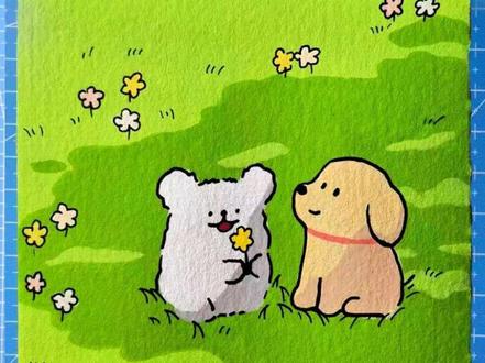 春日限定,小狗🐾与花🌼#春日画画 #线条小狗 #丙烯马克笔 #治愈系绘画 #青年创作者成长计划
