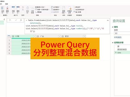 Power Query分列提取并整理混合数据 把一列日期、文本、数值等混合数据,分列提取到各自单独的数据列,得到规整数据。#excel #excel技巧 #office办公技巧 #wps