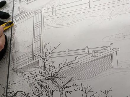 国画工笔山水,画亭台楼阁时初学者如何使用界尺画出笔直的直线 #建筑手绘 #绘画 #绘画过程 #临摹 #国画 #工笔国画 #工笔山水 #工笔 #界画示范