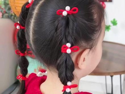 2026新年女童红色珍珠蝴蝶结小发圈欧若风迷你皮筋宝宝扎辫子头绳#儿童编发 #儿童发饰 #新年发饰 #儿童编发教程