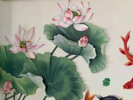 荷花九鱼图,和和美美,万事如意,年年有余。#壁画师阿娇 #浮雕壁画
