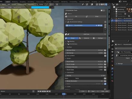 Brushstroke Tools画笔Blender插件 下载地址:https://www.rrcg.cn/thread-16790306-1-1.html
本插件是关于UVPackmaster Pro高效UV贴图Blender插件V3.3.0版,大小:38 MB,支持Blender 2.8 - 4.3版软件,支持Win系统,语言:英语。RRCG分享
Brushstroke Tools 是Blender Studio推出的一款插件,专为3D画笔描绘工作流设计,旨在帮助用户在Blender中创建具有手绘风格的3D效果,非常适合制作带有艺术化和风格化的素材。
该插件通过一个简便的界面来创建、管理和编辑3D画笔描绘图层,依赖于几何节点(Geometry Nodes)系统来实现可调节的程序化生成,提供了多种风格化的3D效果。
两种画笔图层
填充图层(Fill Layer)
可以在网格表面铺满笔触,通过插件界面的Shape面板中丰富的参数控制笔触效果。
填充图层可以使用曲线引导笔触的流动方向,或者通过Ctrl+Alt+F快捷键选择网格的部分区域,定义流向、断裂边缘和需要忽略的面。
绘制图层(Draw Layer)
允许用户直接在网格表面绘制笔触曲线几何,并在绘制过程中实时调节色彩等设置。
绘制完成后,可以在Shape面板中应用额外的程序化效果,进一步丰富图层的表现。
材质控制
在Brushstroke Tools中,笔触的材质可以通过插件界面进行细致调整,主要分为以下三部分:
基础属性(Properties):使用基础的PBR材质设置来控制材质质量。
画笔风格(Brush Style):选择并控制真实材质扫描的基础纹理,打造自然的纹理质感。
效果(Effects):额外的遮罩效果,用来进一步微调笔触纹理,使之更具个性化。
Brushstroke Tools 插件为用户带来了一种直观、灵活的方式来创作3D手绘风格的图层效果,使得制作具有个性化风格的资产更加便捷,适合对画笔效果要求较高的艺术工作流。
