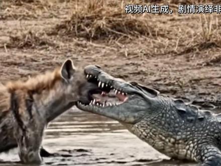 鬣狗蹭水坑续命,结果兄弟被鳄鱼“按头炫”,看完直呼后怕 #动物 #动物世界 #野生动物 #鳄鱼 #鬣狗