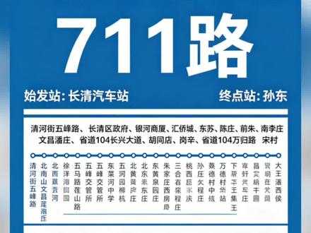 🚌 长清711路(长清汽车站 ↔ 孙东)
性质:长清区城乡公交,多级票价2–9元,全程约55站。
⏰ 发车时间(2026.4)
- 长清汽车站 → 孙东:07:30、10:00、14:30、17:30
- 孙东 → 长清汽车站:06:30、10:00、13:30、16:30
📍 主要途经站点(节选)
长清汽车站始发
1. 长清汽车站
2. 清河街五峰路
3. 长清区政府
4. 银河商厦
5. 长清区公安局
6. 汇侨城
7. 东苏
8. 陈庄
9. 前朱
10. 南李庄
11. 文昌潘庄
12. 省道104长兴大道
13. 胡同店
14. 岗辛
15. 省道104万归路
16. 宋村
17. 柳杭
18. 王峪
19. 徐南山
20. 北宋庄
21. 庄家庄
22. 西洋河
23. 东洋河
24. 五马路莲花山路
25. 五峰交管所
26. 五峰中学
27. 东菜园
28. 润玉泉
29. 北黄
30. 东黄
31. 蔡庄
32. 邱庄
33. 朱家庄
34. 纸坊
35. 北西石
36. 西房庄
37. 徐庄
38. 三合
39. 程庄
40. 桃花村
41. 小侯集
42. 万德中学
43. 万德汽车站
44. 孙圈
45. 胡家崖
46. 小马庄
47. 小王
48. 大马庄
49. 下营
50. 王先庄
51. 石胡同
52. 石胡同西
53. 大王
54. 西侯
55. 孙东
#长清六点半