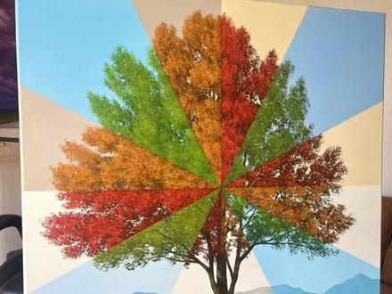 创意绘画《四季之树》
第一阶段:
用蓝色美纹纸胶带在画布上贴出十字和斜线,将画面分割成多个扇形区域。
上半部分涂成不同色调的天空(浅蓝、米色、淡黄)。
下半部分留白,准备绘制山景。
第二阶段:
在下半部分用胶带继续分割出远山和近景的层次。
绘制渐变的山脉,从浅蓝到深绿,营造远近景深。
底部涂成深棕色土地。
第三阶段绘制树干:
在画面中央画出一棵树的黑色树干和枝丫。
树枝向各个扇形区域延伸,为后续四季树叶做准备。
第四阶段四季树叶:
在不同扇形中展现不同季节:
春季:嫩绿色树叶,生机勃勃。
夏季:深绿色树叶,茂密繁盛。
秋季:橙红色树叶,层林尽染。
冬季:部分区域留白或深色,暗示枯枝。
第五阶段完善草地:
在底部土地上也用胶带分割,对应四季色调绘制草地。
春季嫩绿、夏季深绿、秋季金黄、冬季枯黄。
最终效果:
完成后的作品呈现出一棵神奇的树——从中心向四周辐射出12个扇形,每个扇形都是不同的季节色调,背景的山峦和草地也随之变换色彩,形成和谐统一的四季全景图。#零基础学画画 #空间美学 #画渣进步史 #画画其实很简单 #美术课件