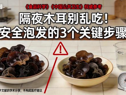 本文参考《食品科学》《中国公共卫生》研究,解答隔夜泡发木耳食用问题:常温放置超 8 小时易滋生米酵菌酸,严禁食用!科学泡发需用 40℃以下温水,浸泡不超过 4 小时,中途勤换水。【免责声明】:播客由豆包AI生成。本文为科普参考,不构成饮食建议,具体饮食安全请咨询专业人士。#木耳 #隔夜泡发 #养生 #健康饮食 #科普